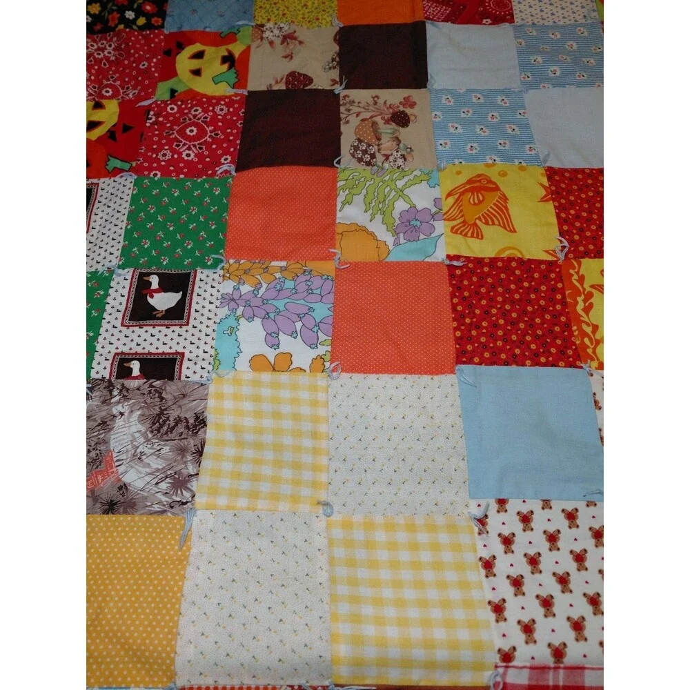 Vintage Scrap Patchwork Handmade Quilt Bright Floral Patches 80 X 40 READ DESC